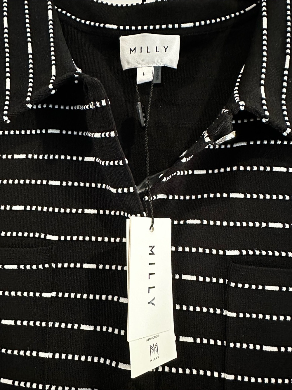 Milly Black Sleeveless Button-Front Knit Top with White Dotted Stripes - NWT - Picture 3 of 9